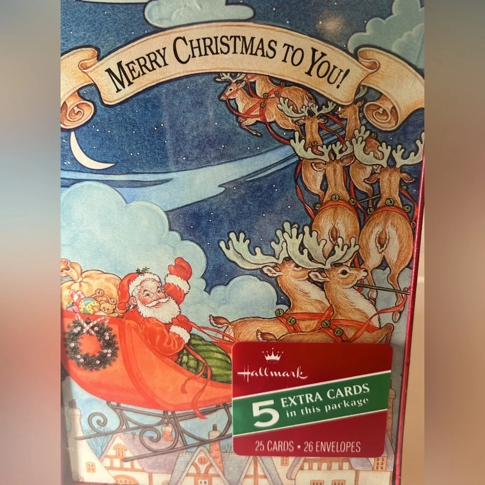 25 Vintage Hallmark Christmas Cards Featuring Santa Flying His 8 Reindeer. New